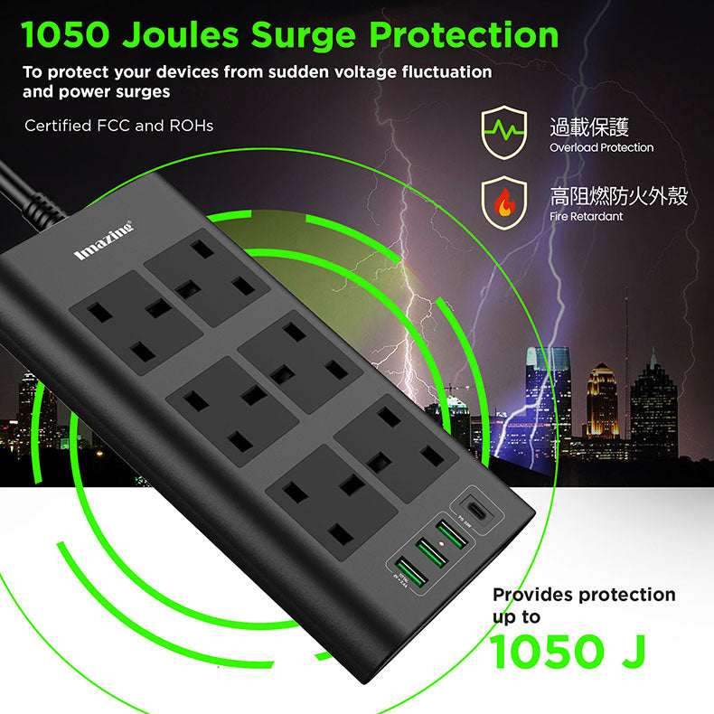 iMazing - 防雷拖板 IM3U6K-C 6 UK 插位 3 USB 2.4A 1 Type C PD 20W輸出