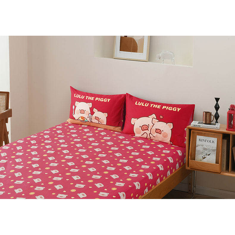 (預購) CASABLANCA | 罐頭豬LuLu卡通純棉系列床笠連枕袋 - 加大