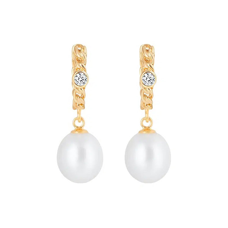 Kajal Naina 古巴鍊式珍珠鑽石耳墜 Cuban Link Diamond Huggies with Drop Pearl